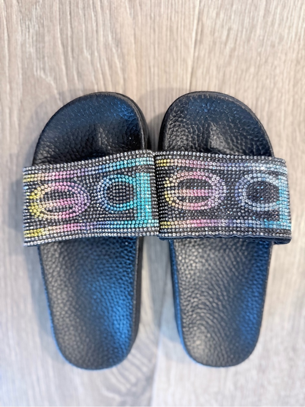 Bebe Kids Black Slide Sandals with Multicolor Rhinestone Strap